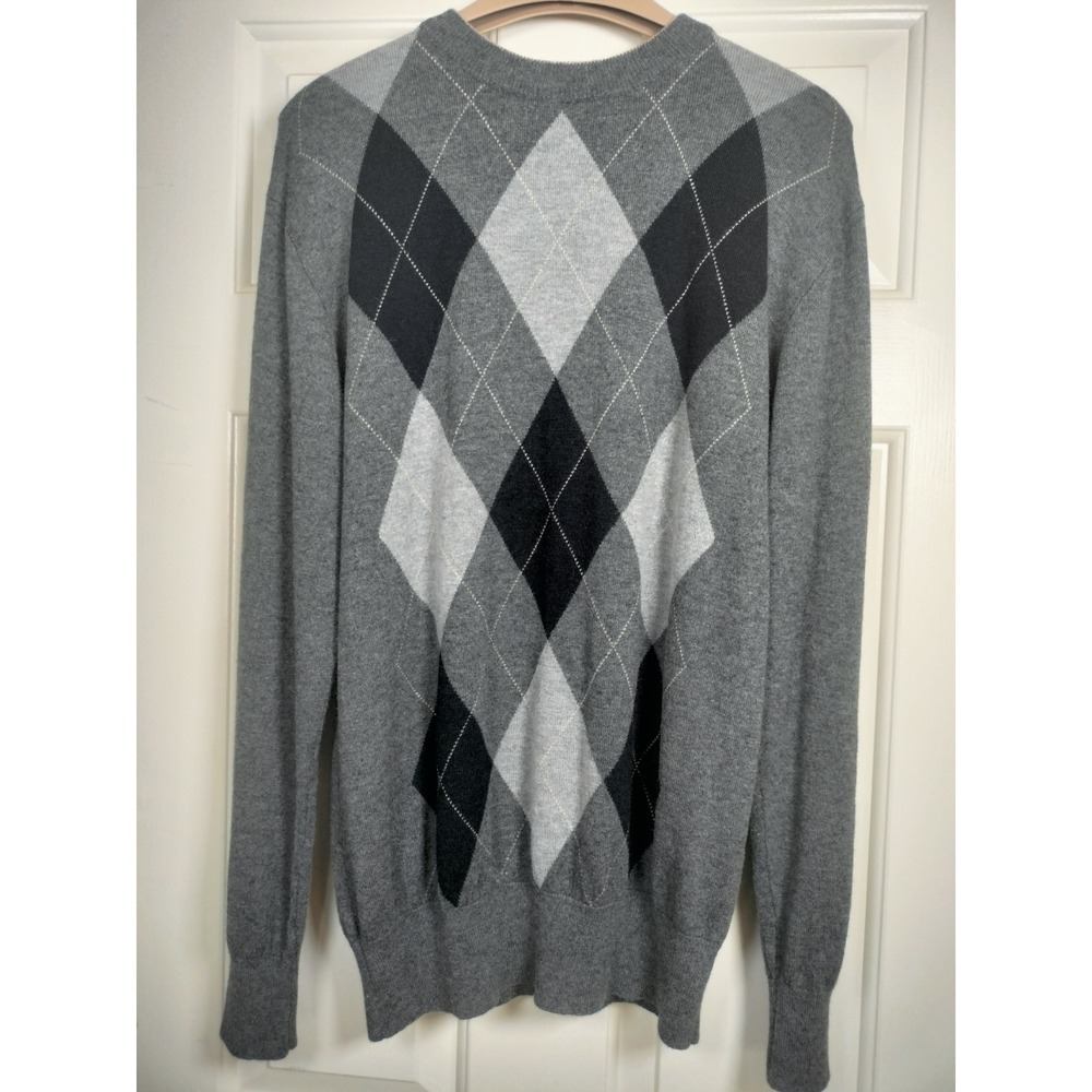 VTG Northern Isles Men's L Argyle Sweater Silk‎ Cashmere Blend Gray Black V-Neck